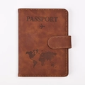 Detail of vintage brown PU leather passport holder with embossed map and flight icons - Brown