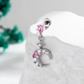 Silver crescent moon earring with pink heart gemstone and zircons on a white stone - Moon Pendant (Single Piece) (A1076)