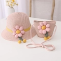 Pink straw sun hat and matching crossbody bag set with floral decorations for children - Kids Size (54cm) / Hat + Bag Set / Pink
