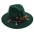 Detail of colorful beads and natural seashells on a dark green fedora hat band - Dark Green
