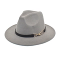 Detail of grey wool fedora hat featuring black leather belt and gold horsebit buckle - Light Gray