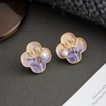 Vintage gold clover flower earrings with purple enamel gradient and white pearl center - Purple