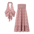 Roze tweedelige set met bloemenprint, haltertop met strikceintuur en hoge taille maxi-rok - S / Rood