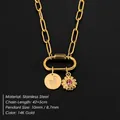 Gold stainless steel paperclip chain necklace with crystal initial J and floral charm - Gold / Letter J