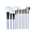 Detail of 12-piece makeup brush set featuring light purple glitter handles and blue bristles - 12Pcs With PVC Bag / Blue