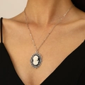 Vintage silver cameo necklace with black oval pendant on elegant female model - Antique Silver Beauty Head Necklace (7933)