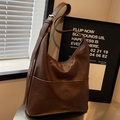Dark brown large capacity Hobo bucket bag in vintage soft PU leather with adjustable strap - Coffee