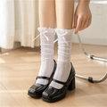 Japanese style white lace knit mid-calf socks with ruffles and small bow accents - One Size / White (Short)