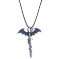 Retro dragon wrapped around sword necklace pendant with blue enamel and black rope - Antique Tin Royal Blue