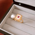 Detailed macro view of gold-plated open ring with ruby stone and pearl on gray velvet - Gold Ruby Pearl Open Style (21#)