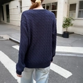 Women's dark blue cable knit cardigan sweater with round neck in urban street style - S / Navy Blue