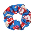 Close-up of royal blue satin Christmas scrunchie with Santa and gift prints - Sapphire Blue