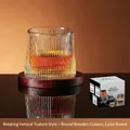 Rotating vertical stripe whiskey glass with wooden coaster and premium gift box - Vertical Stripes Style + Coaster