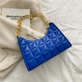 Royal blue quilted shoulder bag with chunky gold chain handle and zipper closure - Blue