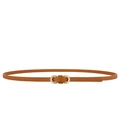 Minimalist slim brown leather belt for women featuring a round golden metal buckle - Orange