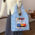 Blue polka dot canvas tote bag featuring cute cartoon animal print and sleep lettering - Blue Polka Dot Sleep