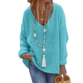 Women light blue V-neck hollow knit sweater with long sleeves and loose fit on model - S / Lake Blue