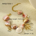 Detail view of beach style bracelet with shell, coral pendants and sizing information - Pink Coral Bracelet