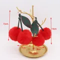 Plush cherry keychain with vibrant red pom-poms and green faux leather leaves - 7cm Pompom Spring Ring / Red