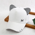 White baseball cap with rhinestone cat ears and M-letter logo for a trendy sun protection look - Adult, Adjustable / White