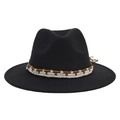 Detailed view of black wide-brim felt fedora with woven brown and white band - White Brown Braid