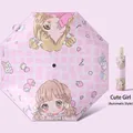 Pink checkered automatic umbrella for kids featuring cute girl cartoon illustration - 306 Automatic - Lovely Girl [Reflective Strip]