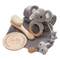 Baby gift set with grey elephant rattle, brush, pacifier clip and wooden milestone disc - Elephant Rattle Set / Gray