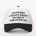 Front view of black and white baseball cap with I SUPPORT embroidered slogan - One Size / White and Black Splicing