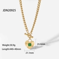 Detail view of gold Cuban chain necklace with green agate heart pendant and OT toggle clasp - Heart Pendant Green Gemstone Necklace (JDN20925)