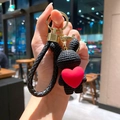 Handmade black woven rabbit keychain with a vibrant red heart charm for bags and keys - Rabbit (B255-7) / Single Piece / Black