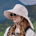 Women's light pink sun hat with wide brim, neck protection flap, and adjustable wind rope - Pink(8901)