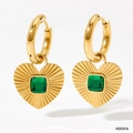Detail of heart-shaped gold earrings with green square gemstone and sunburst texture - Vacuum Plated 14K Gold Green (KDE818)