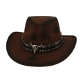Brown wool felt cowboy hat with pentagram print, ethnic band, and silver bull head charm - One Size / Coffee
