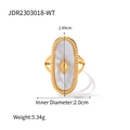 Detail view of gold ring with oval white mother of pearl and product specifications - Oval White Mother of Pearl Style (JDR2303018-WT)