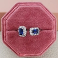 Adjustable silver ring with emerald-cut blue gemstone and halo of white diamonds - Open Adjustable / Blue