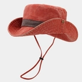 Detail of red washed canvas hiking hat with brown strap, metal buckle and windproof cord - Orange