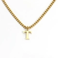 18K gold plated stainless steel necklace with bold uppercase letter T pendant and curb chain - Letter T / Gold