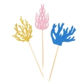 Three glittery coral cupcake toppers in pink, yellow, and blue for mermaid themed party decor - 24Pcs Seaweed 3 Styles Toppers