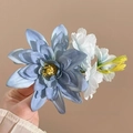 Pince à cheveux en organza bleu Morandi avec fleurs élégantes en ivoire et jaune - 2# Bleu Environ 11cm