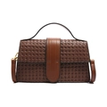 Borsa a mano classica marrone scuro con trama intrecciata, manico e tracolla dorata - Marrone