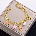 Golden titanium steel charm bracelet with pink enamel butterfly tulip and bee pendants - Bracelet