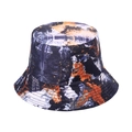 Women's reversible floral bucket hat with abstract black and orange tie-dye pattern - Black Orange White Tie-Dye (G)