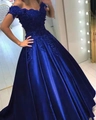 Elegantes königsblaues schulterfreies Abendkleid aus Spitze mit Satin-A-Linien-Rock - US size 12 (L) / Königsblau