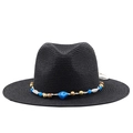 Detail of black straw fedora hat featuring a bohemian colorful beaded decorative band - Black