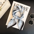 Elegant light blue and grey floral silk scarf with black border on flat lay background - New Silk Scarf/small Square Scarf 50 / 65