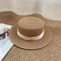 Retro flat top straw boater hat with ivory satin ribbon band for summer sun protection - M / Khaki with Beige Bow