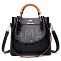 Black embossed faux leather tote bag with brown contrast handles and golden kangaroo logo - Black/Yellow Handles