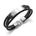 Men's minimalist black woven leather bracelet with polished silver engravable metal plate - Black Leather Silver Buckle