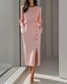Pink long sleeve two-piece dress set with gold button detail and elegant side slit - S / Pink
