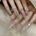 Luxurious nude gradient press-on nails with pearls, rhinestones and silver chains on silk - By1557 Eyebrows And Teeth / Glue Type